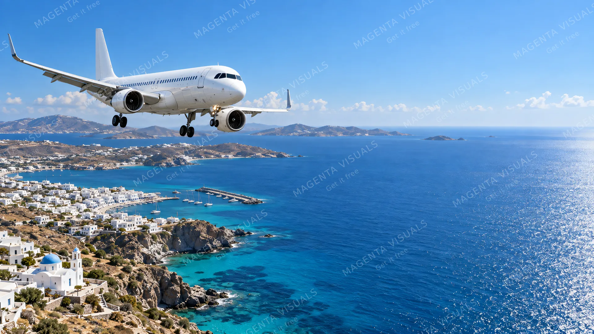 4K wallpaper of A cinematic 16:9 widescreen desktop wallpaper featuring an Airbus A320neo in a midday descent over the Greek Cyclades islands.