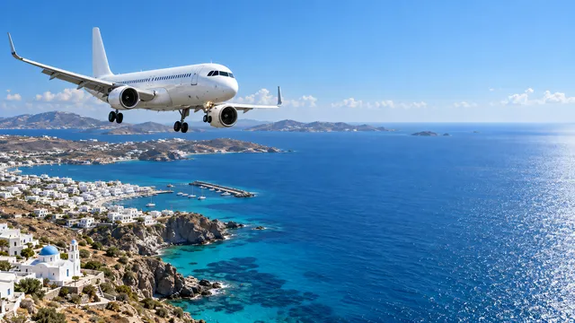 4K wallpaper of A cinematic 16:9 widescreen desktop wallpaper featuring an Airbus A320neo in a midday descent over the Greek Cyclades islands.