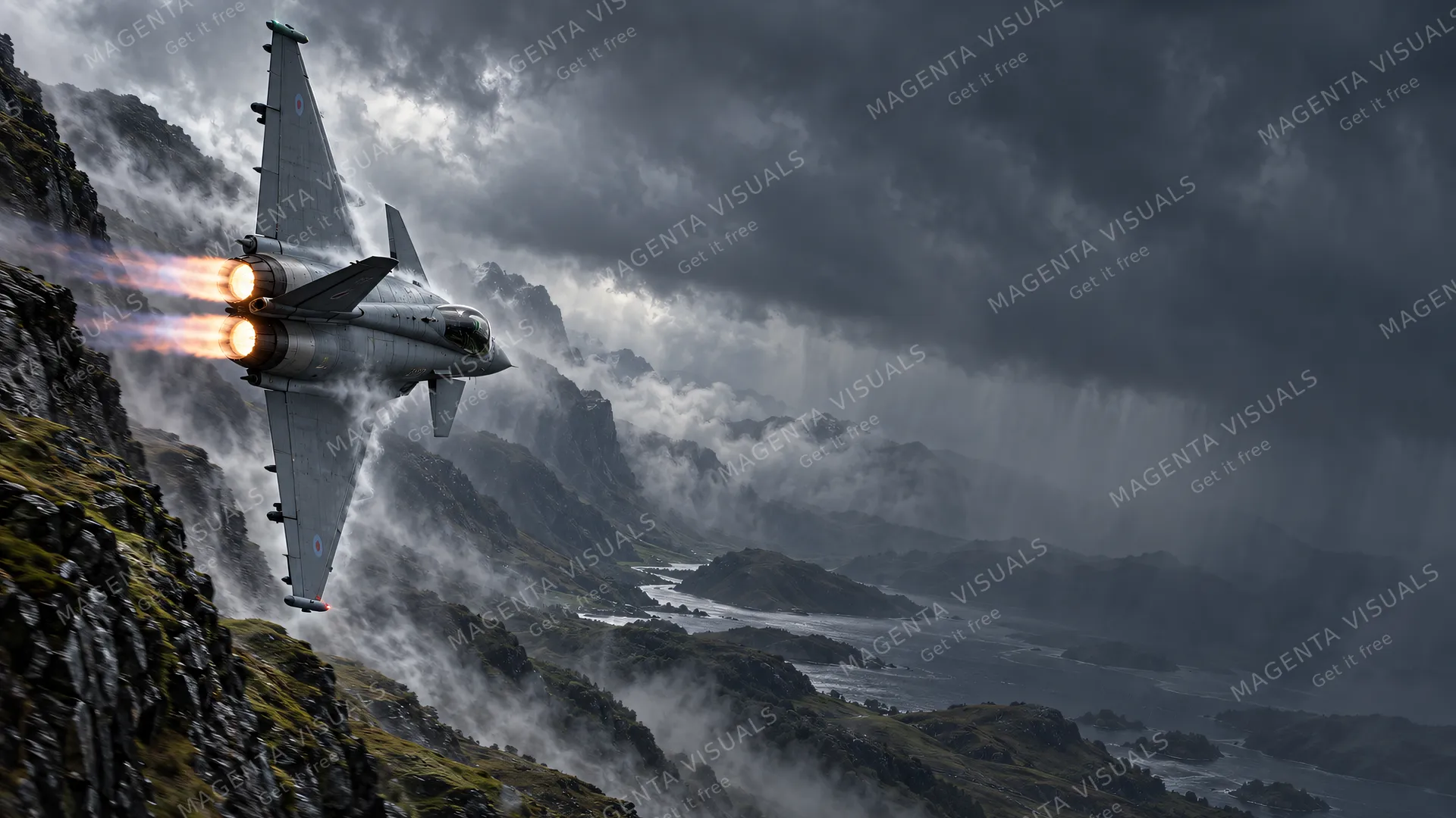 4K wallpaper of A dramatic 16:9 widescreen desktop wallpaper featuring a low-level high-speed tactical canyon run through the Scottish Highlands.