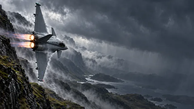 4K wallpaper of A dramatic 16:9 widescreen desktop wallpaper featuring a low-level high-speed tactical canyon run through the Scottish Highlands.