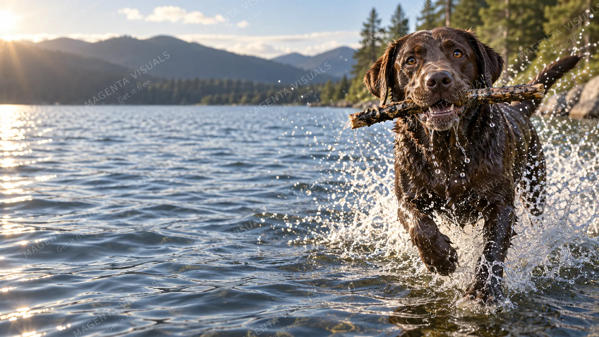 4K 16:9 widescreen desktop wallpaper featuring a cute companion chocolate Lab in action, exploding out of a lake with a stick in its mouth, water droplets flying everywhere in dynami…