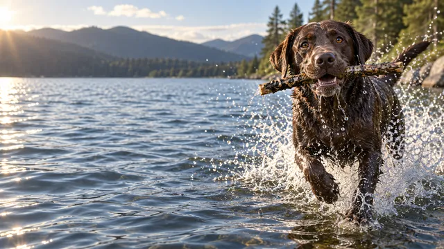 4K 16:9 widescreen desktop wallpaper featuring a cute companion chocolate Lab in action, exploding out of a lake with a stick in its mouth, water droplets flying everywhere in dynami…