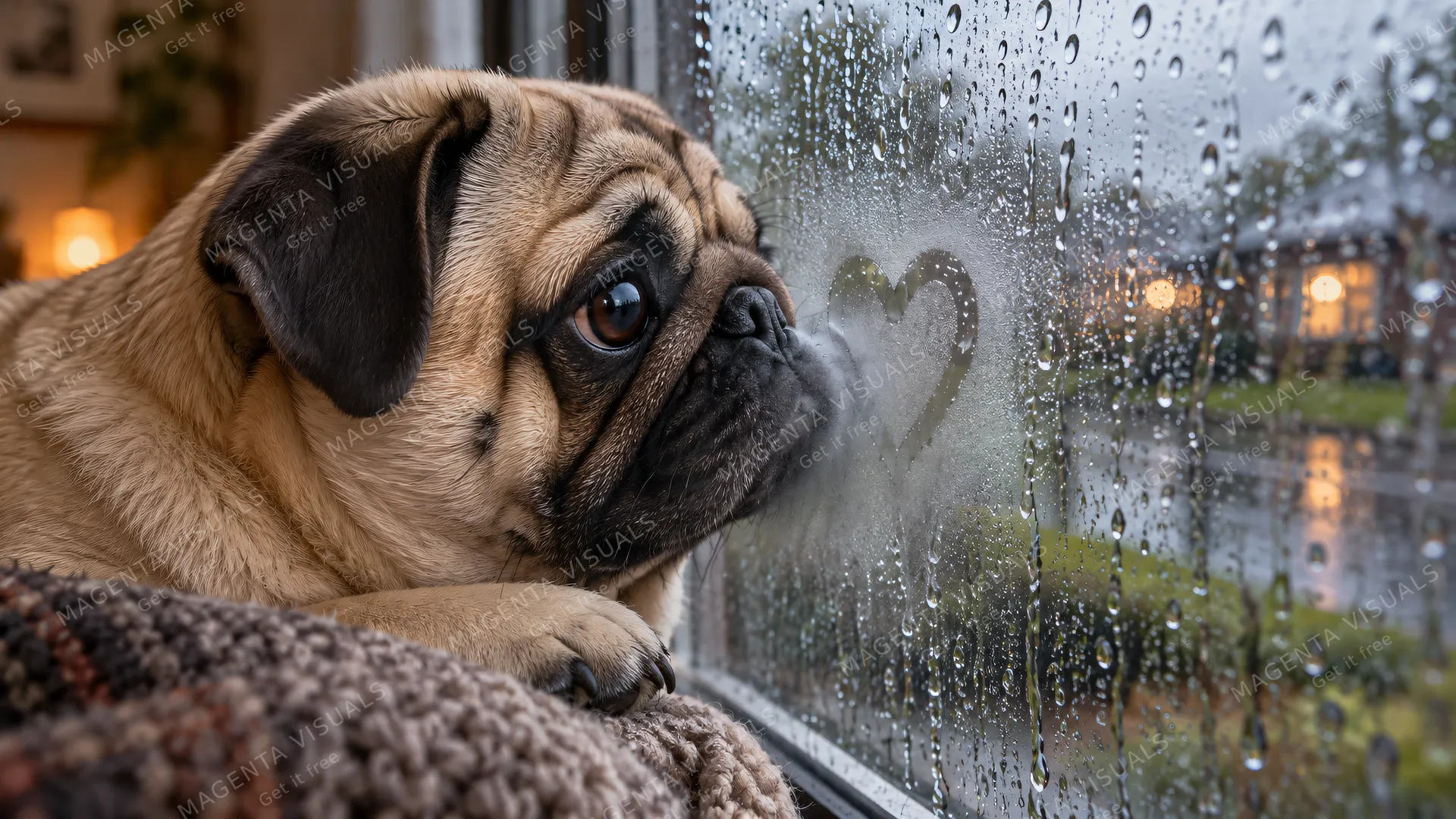 4K 16:9 widescreen desktop wallpaper, cute pet photo of a fawn Pug fogging a rainy window with its nose, quiet still energy.
