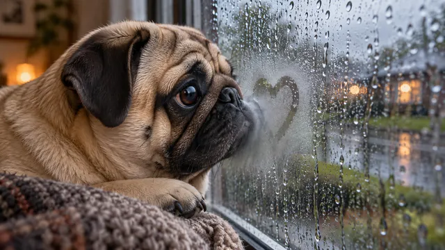 4K 16:9 widescreen desktop wallpaper, cute pet photo of a fawn Pug fogging a rainy window with its nose, quiet still energy.