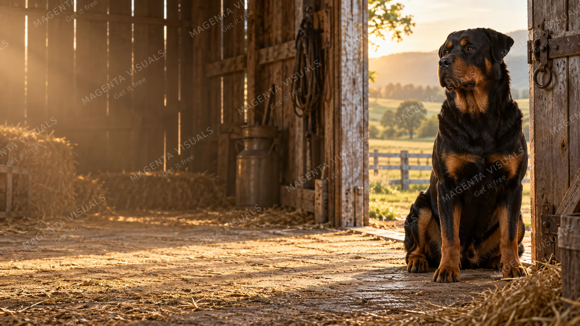 4K 16:9 widescreen desktop wallpaper featuring a big Rottweiler waiting by an open farm door on the right, radiating a quiet still energy as a loyal companion.