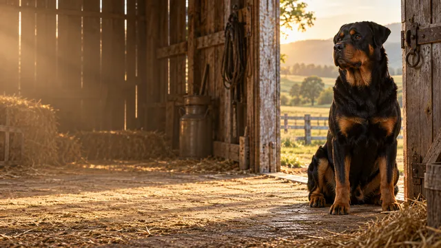 4K 16:9 widescreen desktop wallpaper featuring a big Rottweiler waiting by an open farm door on the right, radiating a quiet still energy as a loyal companion.