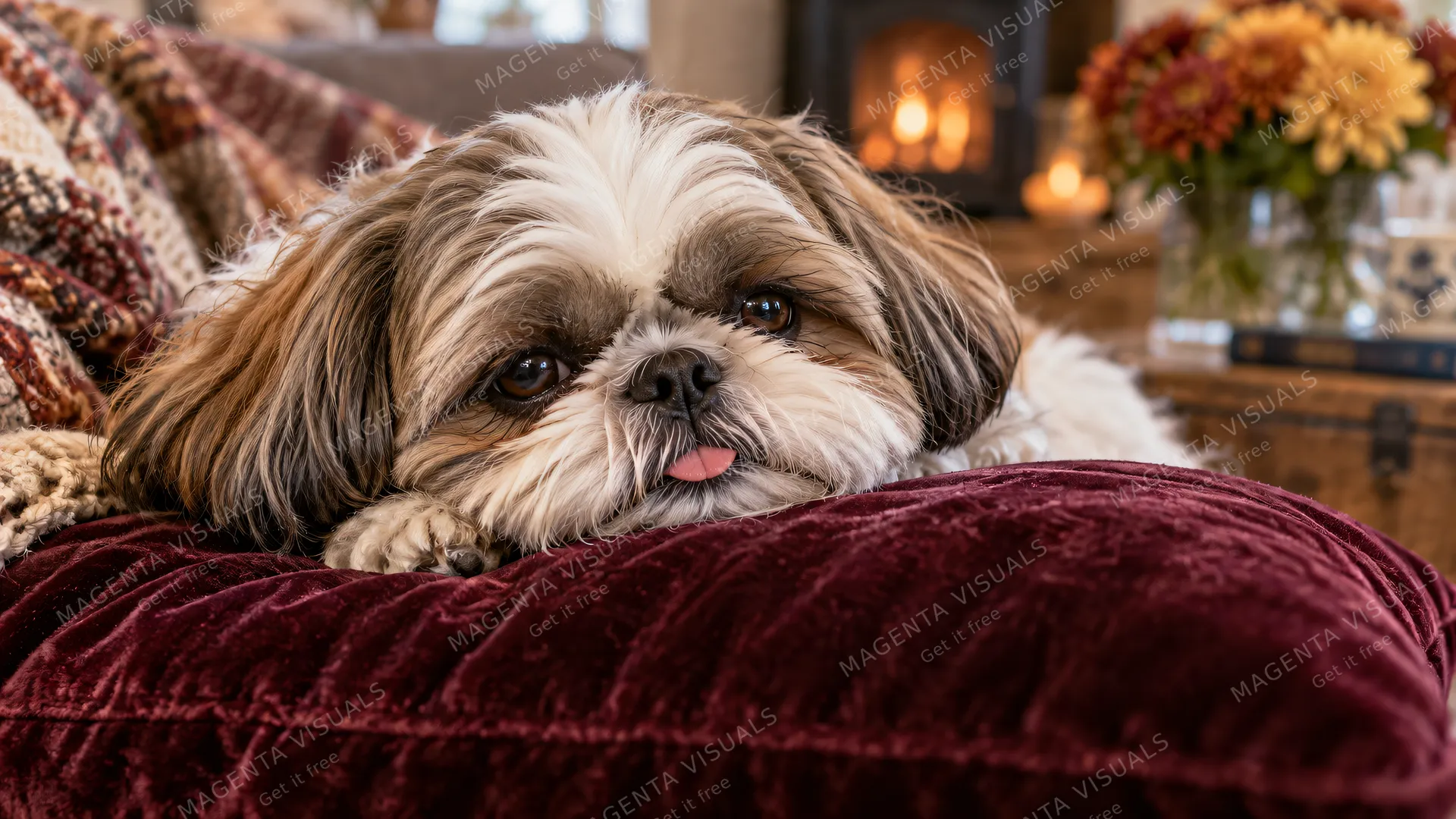 4K 16:9 widescreen desktop wallpaper, cute pet photo of a Shih Tzu, quiet still, chrysanthemum face on a velvet cushion, sleepy tongue tip.