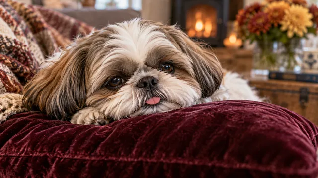 4K 16:9 widescreen desktop wallpaper, cute pet photo of a Shih Tzu, quiet still, chrysanthemum face on a velvet cushion, sleepy tongue tip.