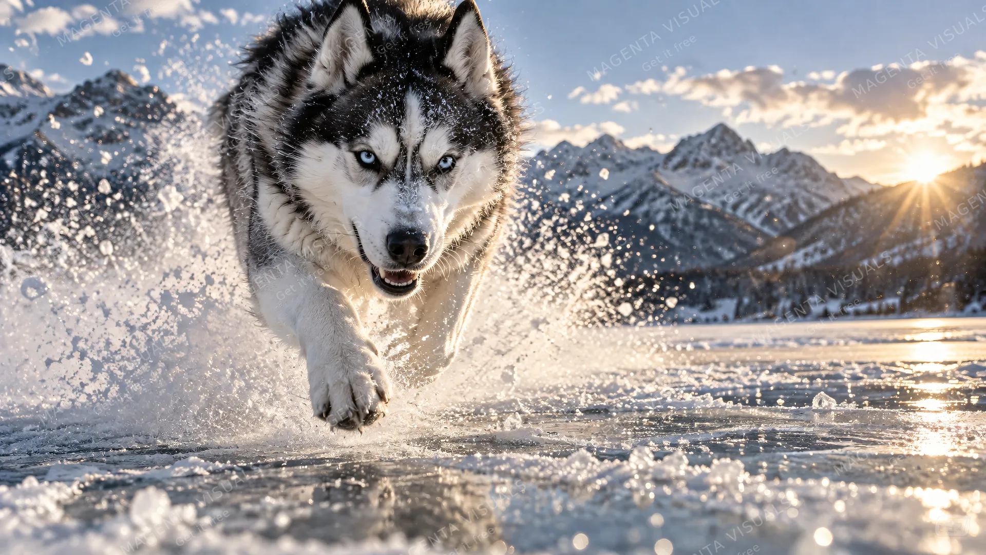 4K 16:9 widescreen desktop wallpaper of a full-bleed cinematic photograph featuring a Siberian Husky in action.