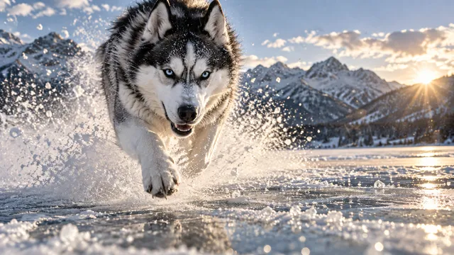 4K 16:9 widescreen desktop wallpaper of a full-bleed cinematic photograph featuring a Siberian Husky in action.