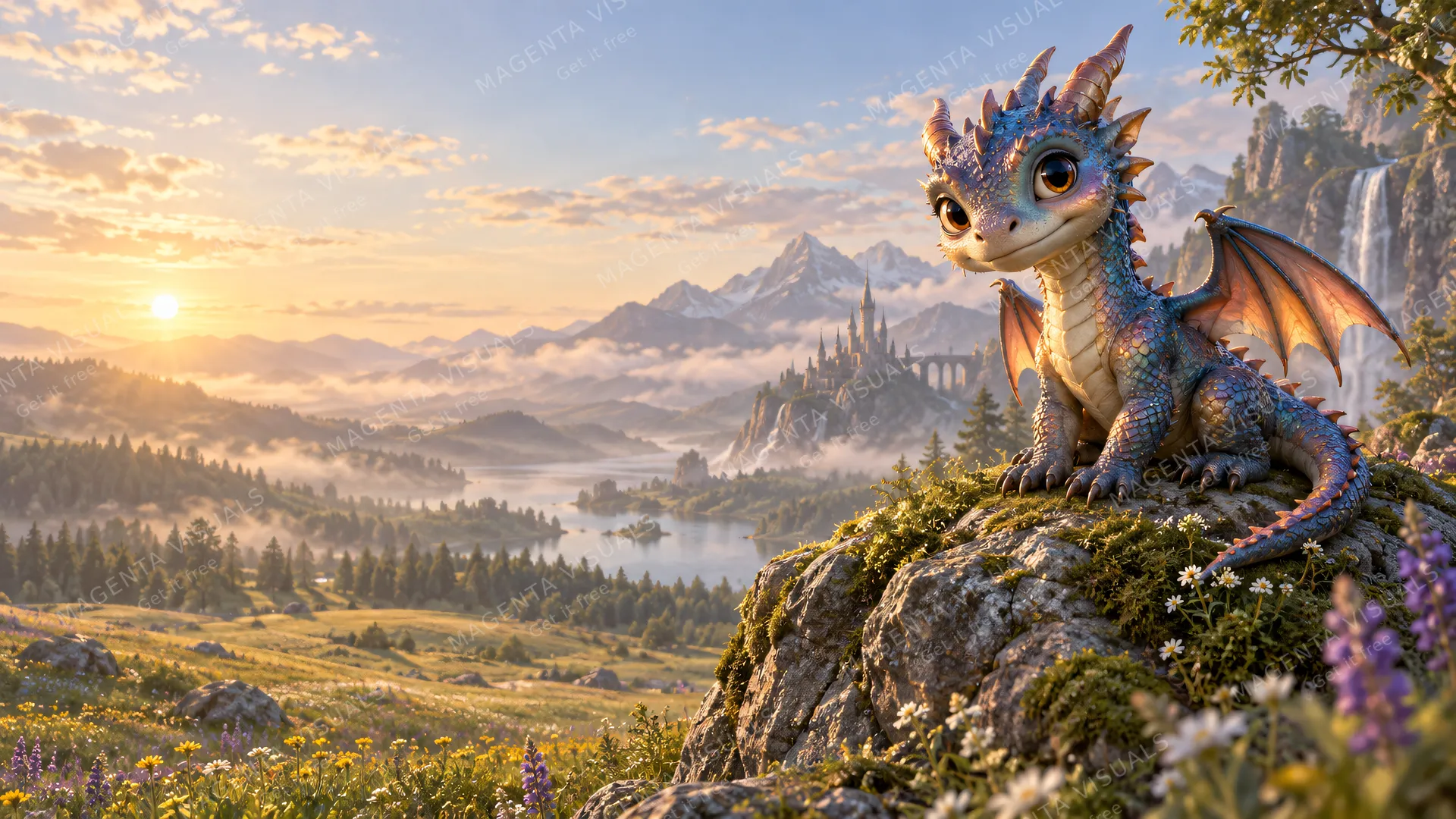 4K wallpaper of 16:9 widescreen desktop wallpaper featuring one continuous photorealistic fantasy landscape in cinematic warm soft morning lighting.