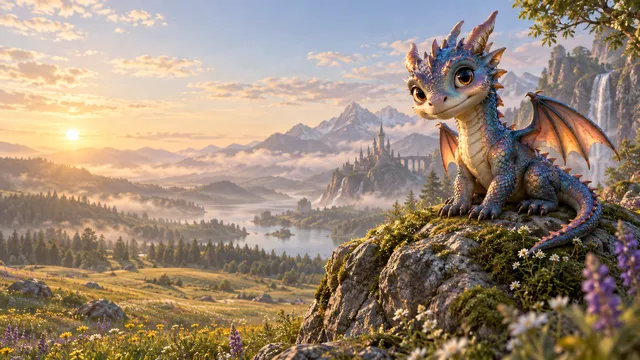 4K wallpaper of 16:9 widescreen desktop wallpaper featuring one continuous photorealistic fantasy landscape in cinematic warm soft morning lighting.