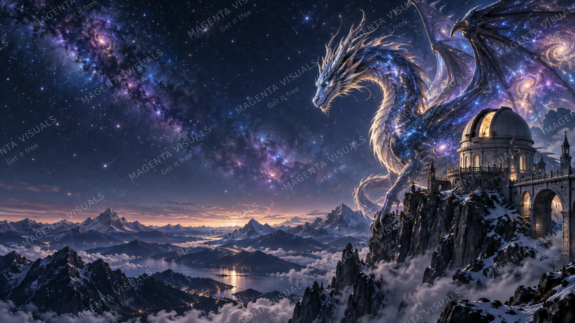 4K wallpaper of A breathtaking 16:9 widescreen fantasy wallpaper featuring a majestic celestial dragon soaring gracefully near a stellar observatory crag on the right side.
