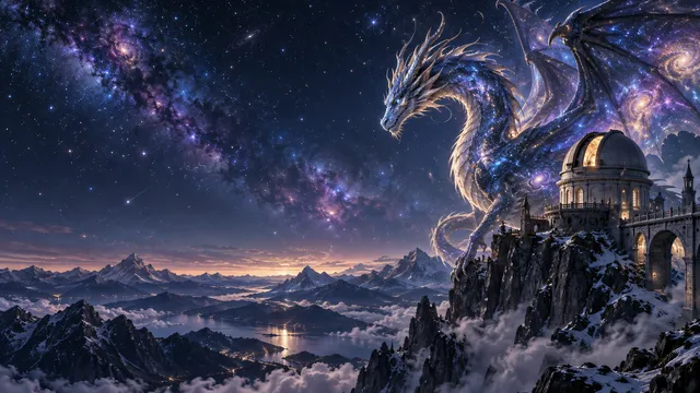 4K wallpaper of A breathtaking 16:9 widescreen fantasy wallpaper featuring a majestic celestial dragon soaring gracefully near a stellar observatory crag on the right side.