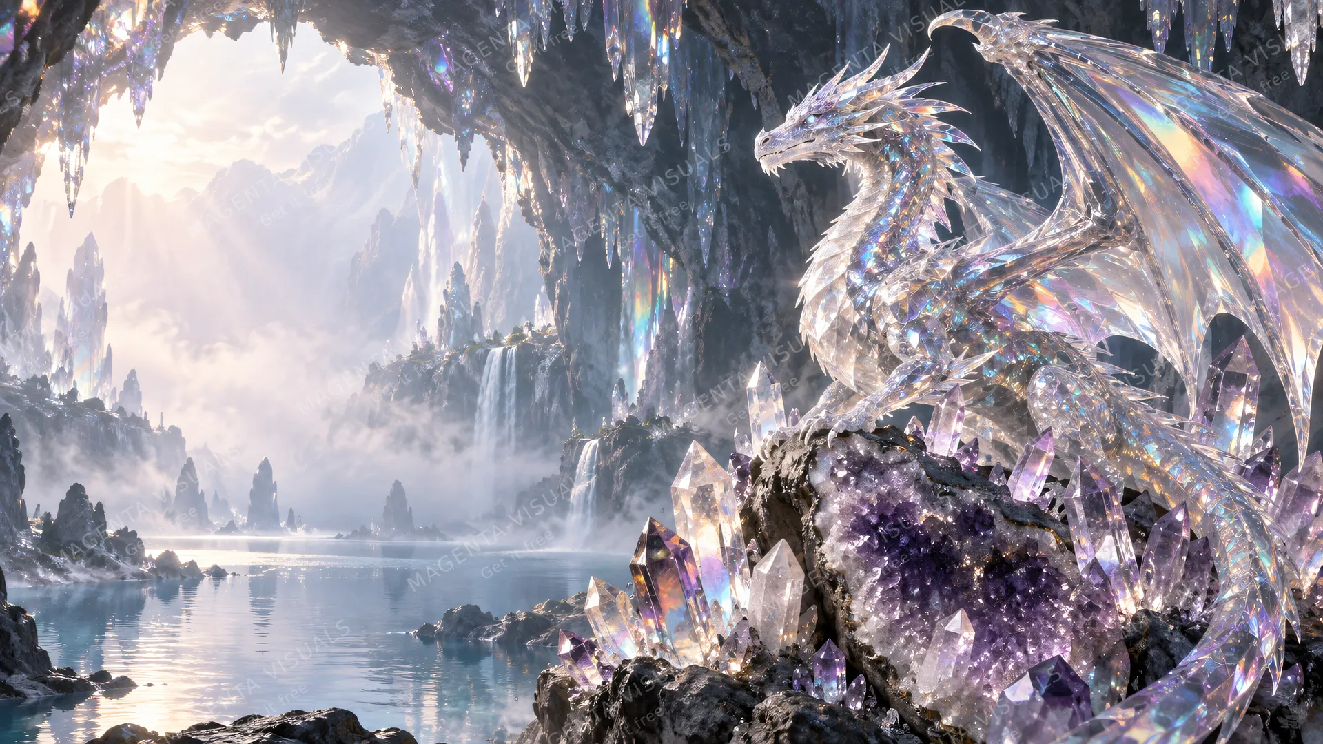 4K wallpaper of A sweeping 16:9 widescreen photoreal fantasy landscape featuring a magnificent crystal dragon on the right side.