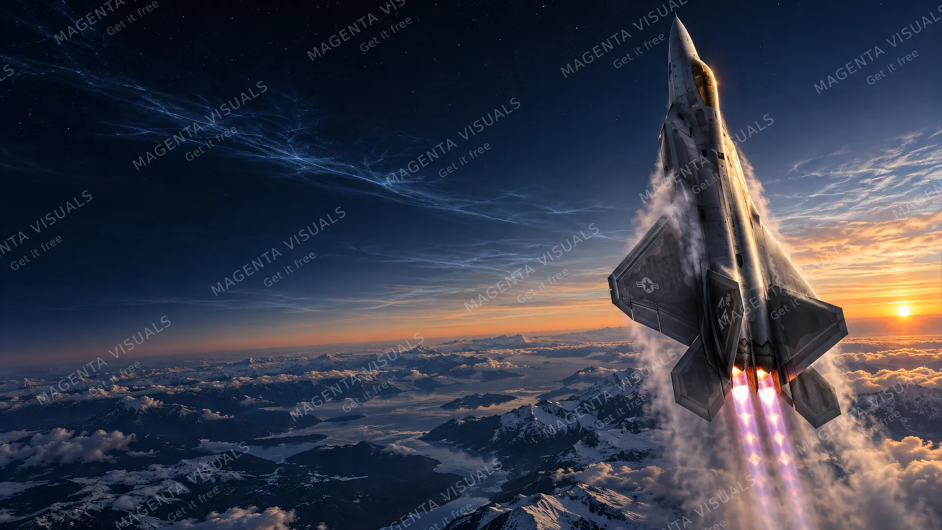 4K wallpaper of A breathtaking vertical intercept climb over the Alaskan wilderness at dawn, featuring a Lockheed Martin F-22 Raptor positioned on the right half of the frame in a near-vertical a…