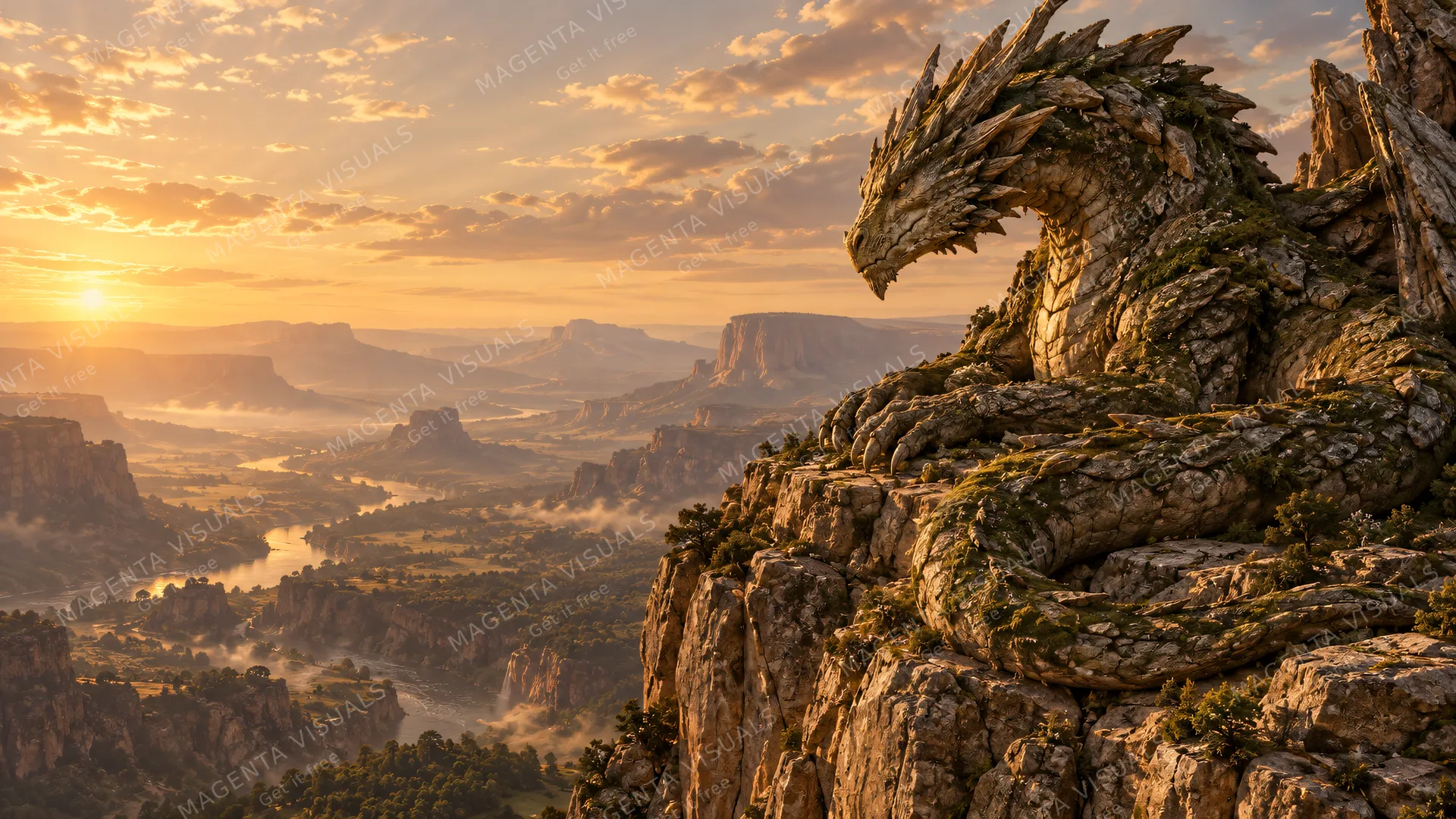 4K wallpaper of A photoreal fantasy cinematic landscape in 16:9 widescreen, featuring a continuous scene bathed in warm earthy golden hour light.