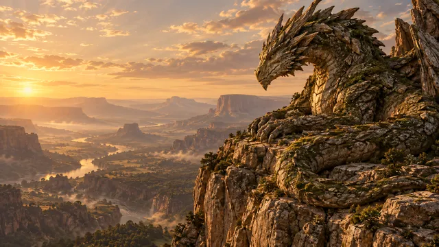 4K wallpaper of A photoreal fantasy cinematic landscape in 16:9 widescreen, featuring a continuous scene bathed in warm earthy golden hour light.