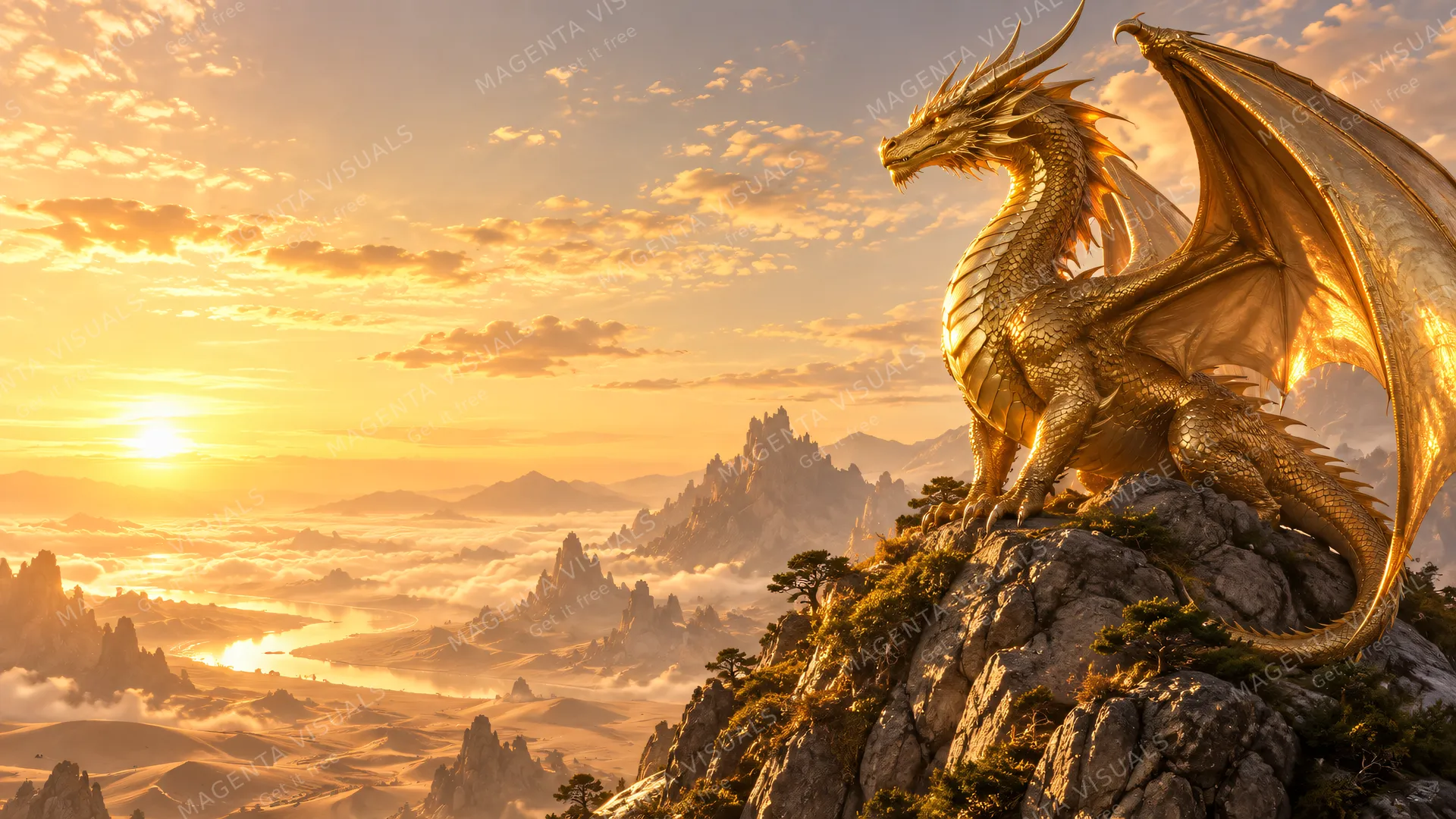 4K wallpaper of A 16:9 widescreen desktop wallpaper featuring a photoreal fantasy continuous landscape with cinematic radiant golden hour lighting.