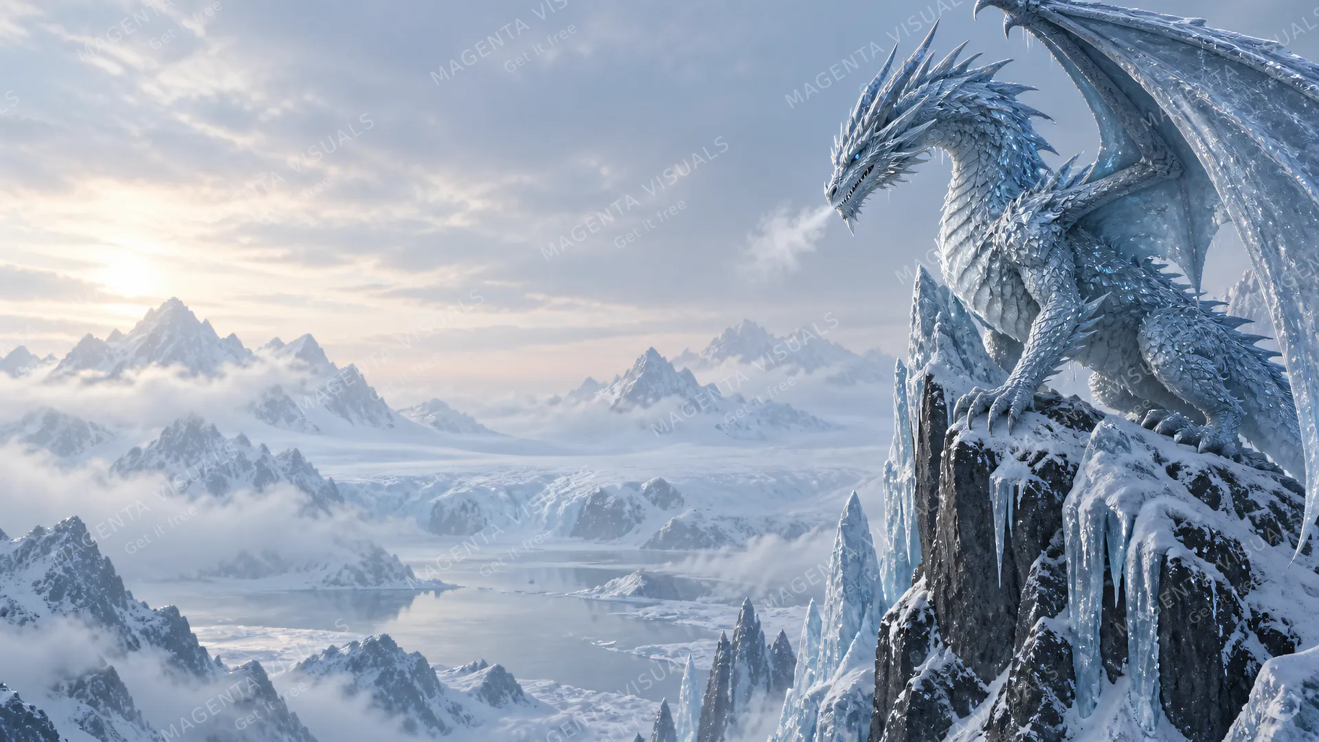 4K wallpaper of A majestic ice dragon perched on a jagged frozen spire on the right side of the image, its crystalline scales reflecting cinematic cool arctic light, breathing a subtle mist of fr…