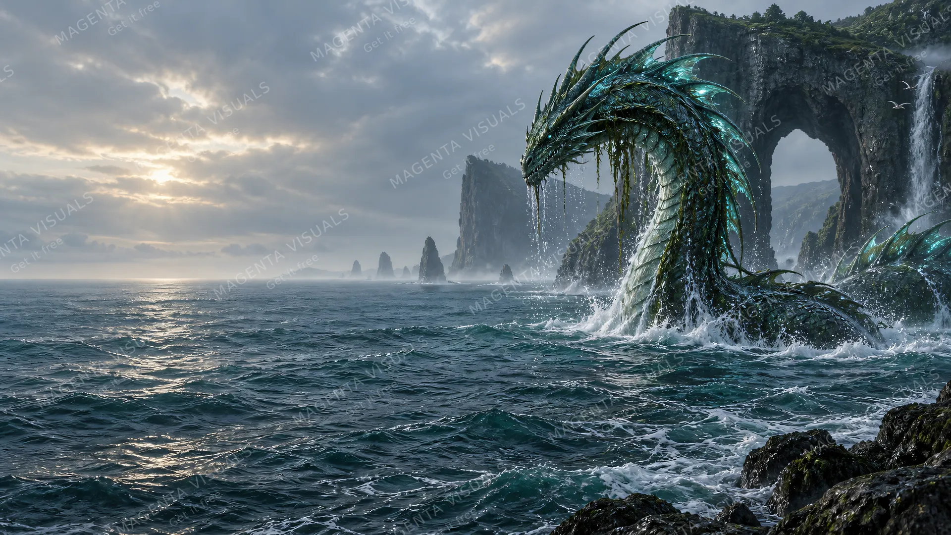 4K wallpaper of A photorealistic fantasy 16:9 widescreen desktop wallpaper featuring a continuous deep marine landscape.