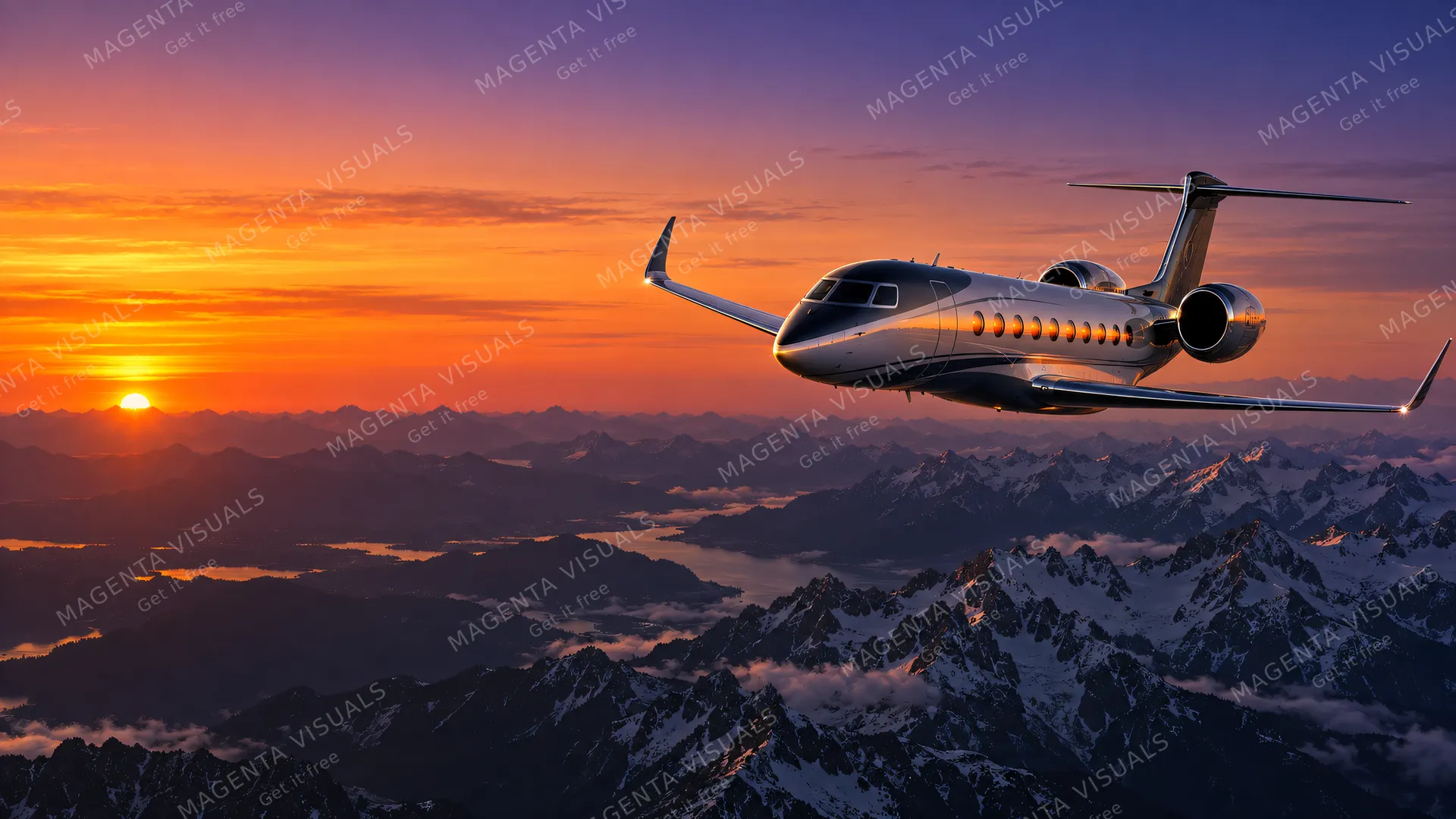 4K wallpaper of A 16:9 widescreen desktop wallpaper of a Gulfstream G700 business jet in high-speed cruise at FL450 over the Canadian Rockies at sunset.