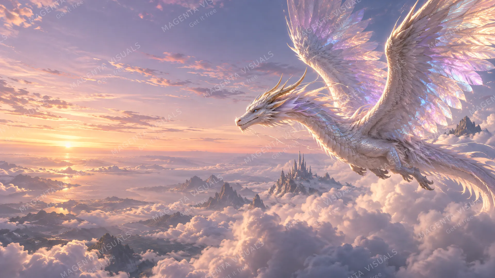 4K wallpaper of A breathtaking photorealistic 16:9 widescreen fantasy landscape featuring a magnificent sky dragon soaring gracefully through dense cloud banks on the right side of the frame, its…
