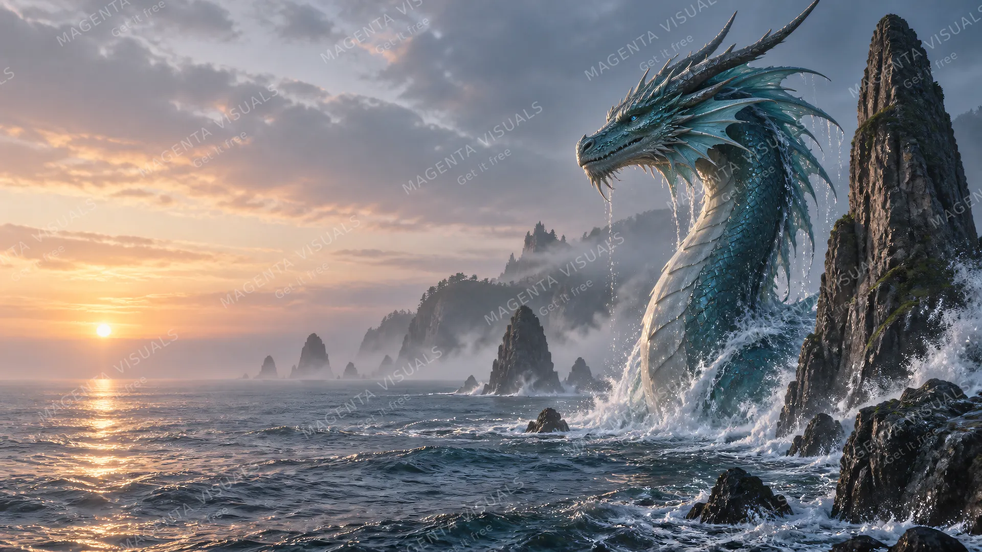 4K wallpaper of 16:9 widescreen desktop wallpaper of a photoreal fantasy coastal landscape at misty dawn.
