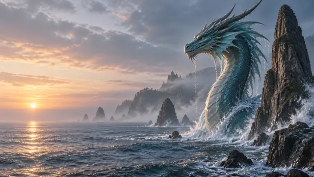 4K wallpaper of 16:9 widescreen desktop wallpaper of a photoreal fantasy coastal landscape at misty dawn.