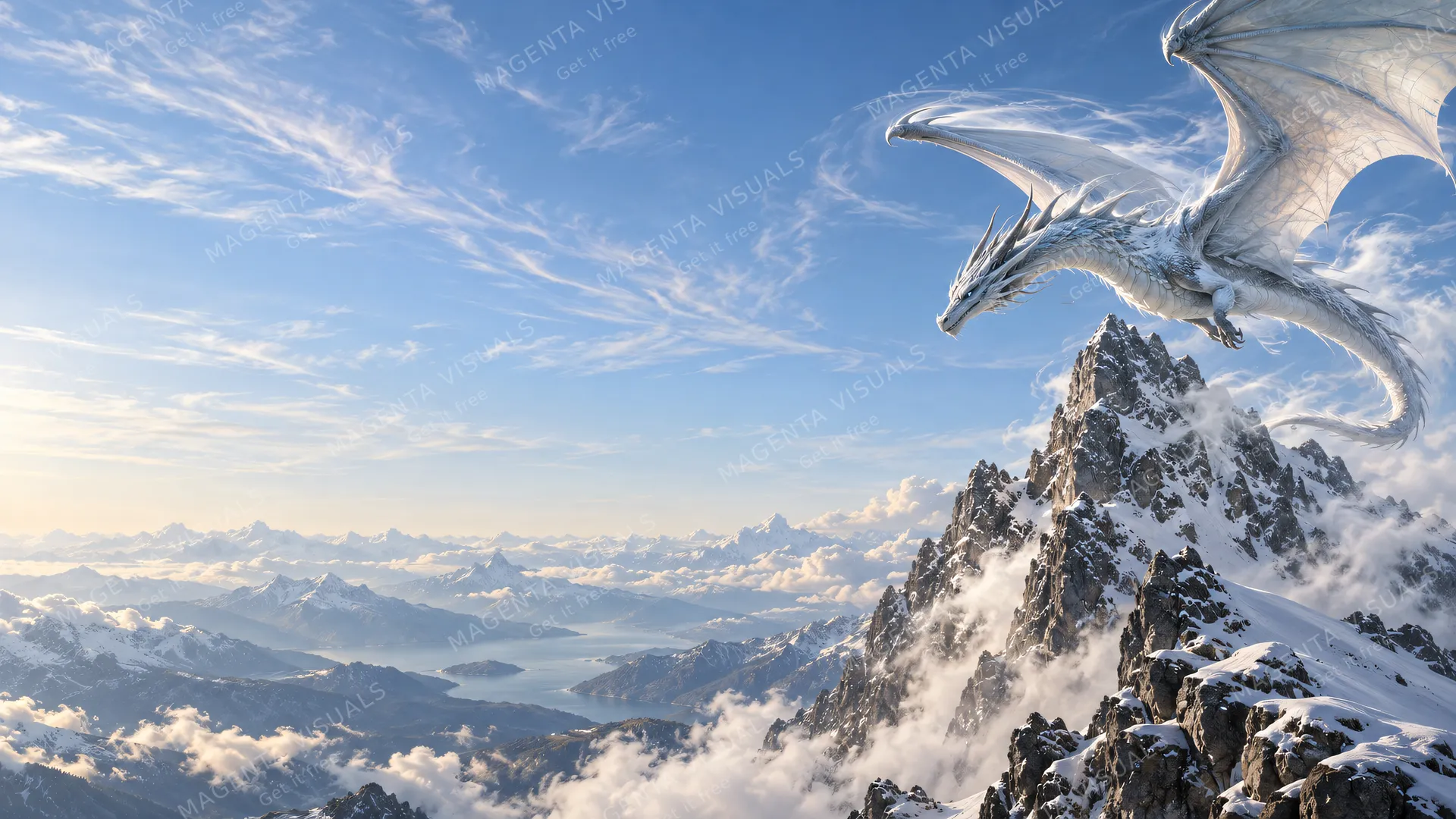 4K wallpaper of A majestic wind dragon with a sleek aerodynamic form and sweeping wings gliding majestically around a jagged windswept alpine summit on the right side of the composition.