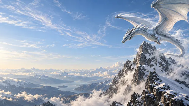 4K wallpaper of A majestic wind dragon with a sleek aerodynamic form and sweeping wings gliding majestically around a jagged windswept alpine summit on the right side of the composition.