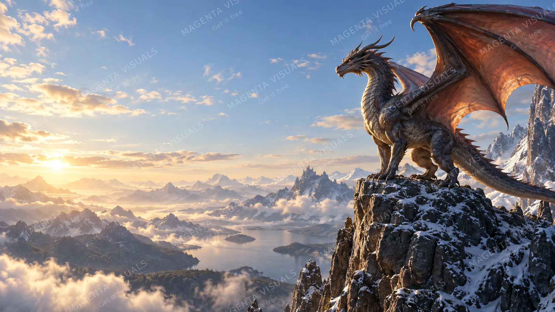 4K wallpaper of A majestic winged dragon poised on a high mountain precipice on the right side of the frame, its colossal leathery wings unfurling into the wind, catching the cinematic morning ri…