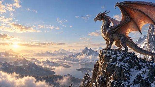 4K wallpaper of A majestic winged dragon poised on a high mountain precipice on the right side of the frame, its colossal leathery wings unfurling into the wind, catching the cinematic morning ri…