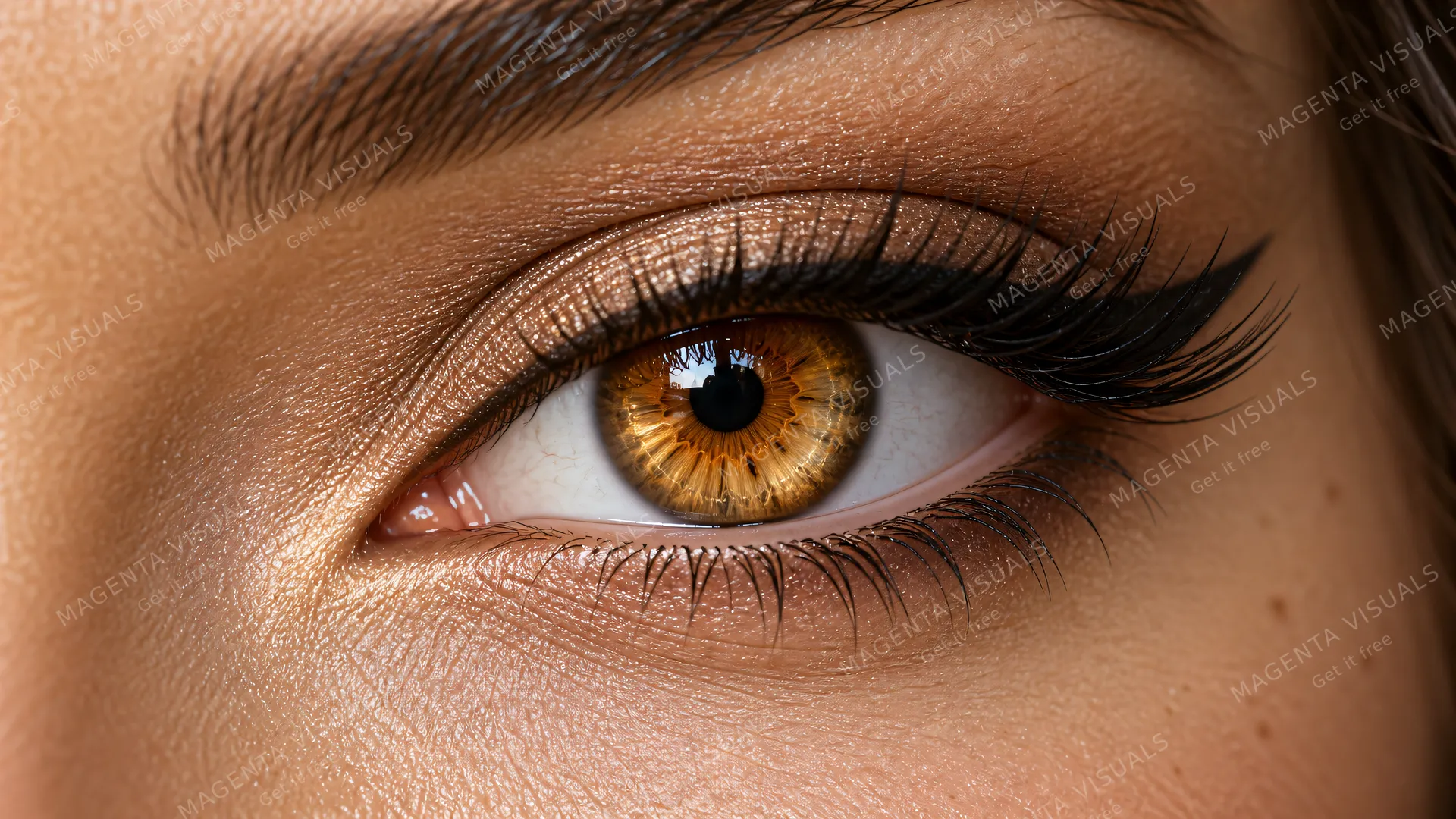 4K An extreme close-up beauty macro photograph of an exquisite almond eye with a warm golden-amber iris, highlighting the distinct shape and elongated palpebral fissure.