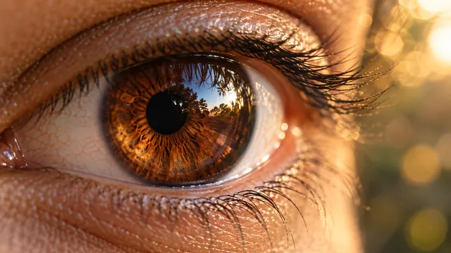4K Extreme close-up macro photography of a human eye, 16:9 widescreen aspect ratio.