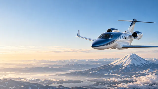 4K wallpaper of A sleek HondaJet Elite II soaring through a crisp early morning flight past Mount Fuji in clear winter air.