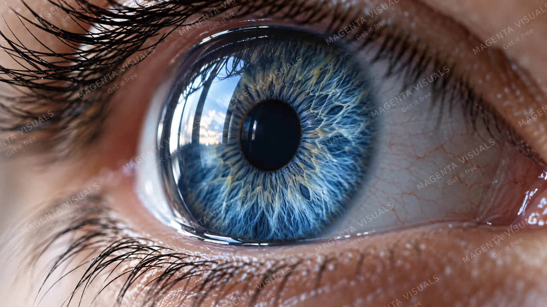 4K 16:9 widescreen extreme close-up photorealistic macro photography of a deep sea-blue human eye, focusing on the glossy, curved transparent dome of the cornea.