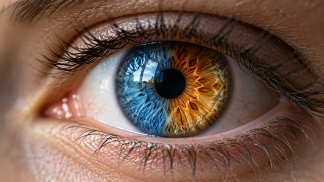 4K Extreme close-up of a striking human eye in 16:9 widescreen aspect ratio, featuring complete heterochromia iridum where one half of the iris is vivid azure blue and the other half…