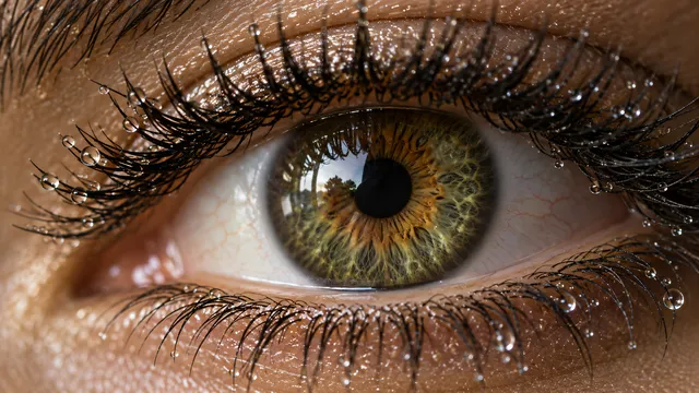 4K 16:9 widescreen extreme close-up photorealistic beauty photography of a single deep hazel-green iris framed by sharp sweeping dark individual eyelashes adorned with micro water dr…