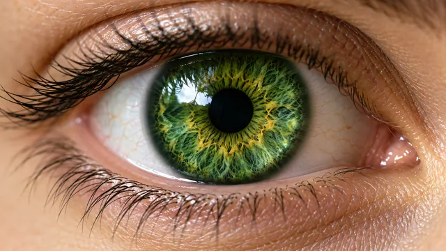 4K 16:9 aspect ratio widescreen, extreme close-up photorealistic macro photography of a stunning human eye, featuring a radiant emerald-green iris with delicate yellow-gold mossy web…