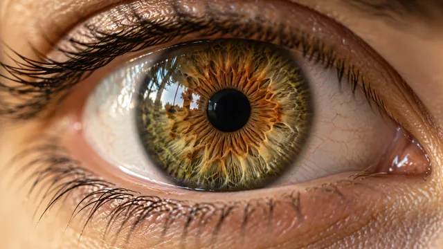 4K Extreme close-up macro photography of a multi-tonal hazel eye, beautifully detailed iris featuring a moss green perimeter seamlessly blending into a vibrant sunburst of warm bronz…