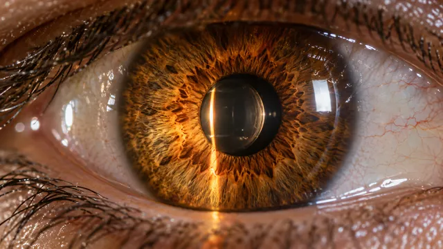 4K Extreme close-up photorealistic shot of a beautiful human eye in 16:9 widescreen format, featuring a crystal-clear crystalline ocular lens visible through the pupil surrounded by…