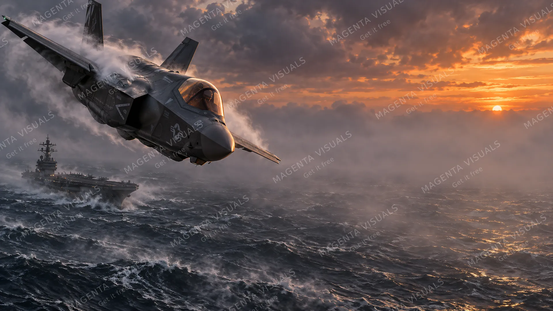4K wallpaper of 16:9 widescreen desktop wallpaper of a low-altitude transonic naval strike ingress over the North Sea at dusk.