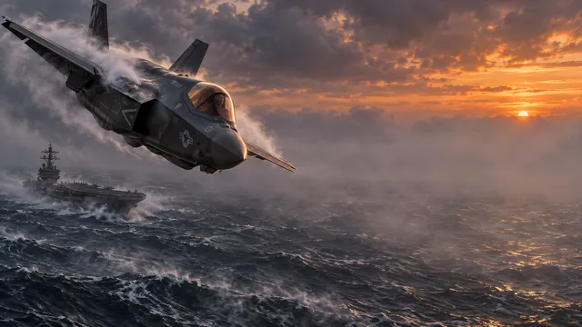 4K wallpaper of 16:9 widescreen desktop wallpaper of a low-altitude transonic naval strike ingress over the North Sea at dusk.