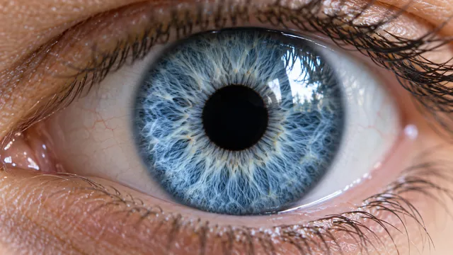 4K An extreme close-up photorealistic 16:9 widescreen shot of a human eye, focusing intensely on the vivid ice-blue iris with intricate fibrous details framing a deep, pitch-black pu…