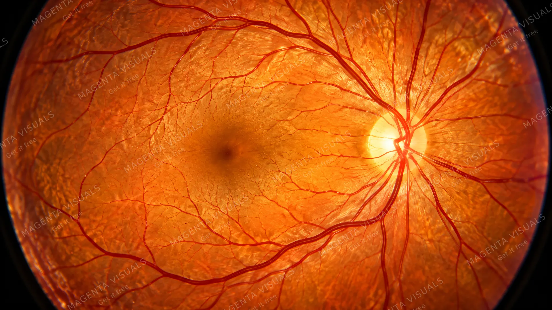 4K Extreme close-up photorealistic macro photography, ophthalmoscopic view deep into a human eye revealing the luminous golden-orange retinal fundus, delicate branching red micro-ves…