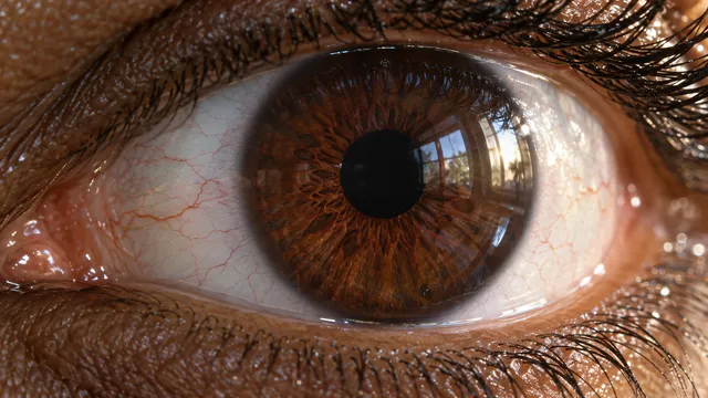 4K An extreme close-up widescreen 16:9 photorealistic macro shot of a human eye, capturing the intimate beauty of a rich dark cocoa-brown iris bathed in soft, natural morning light.