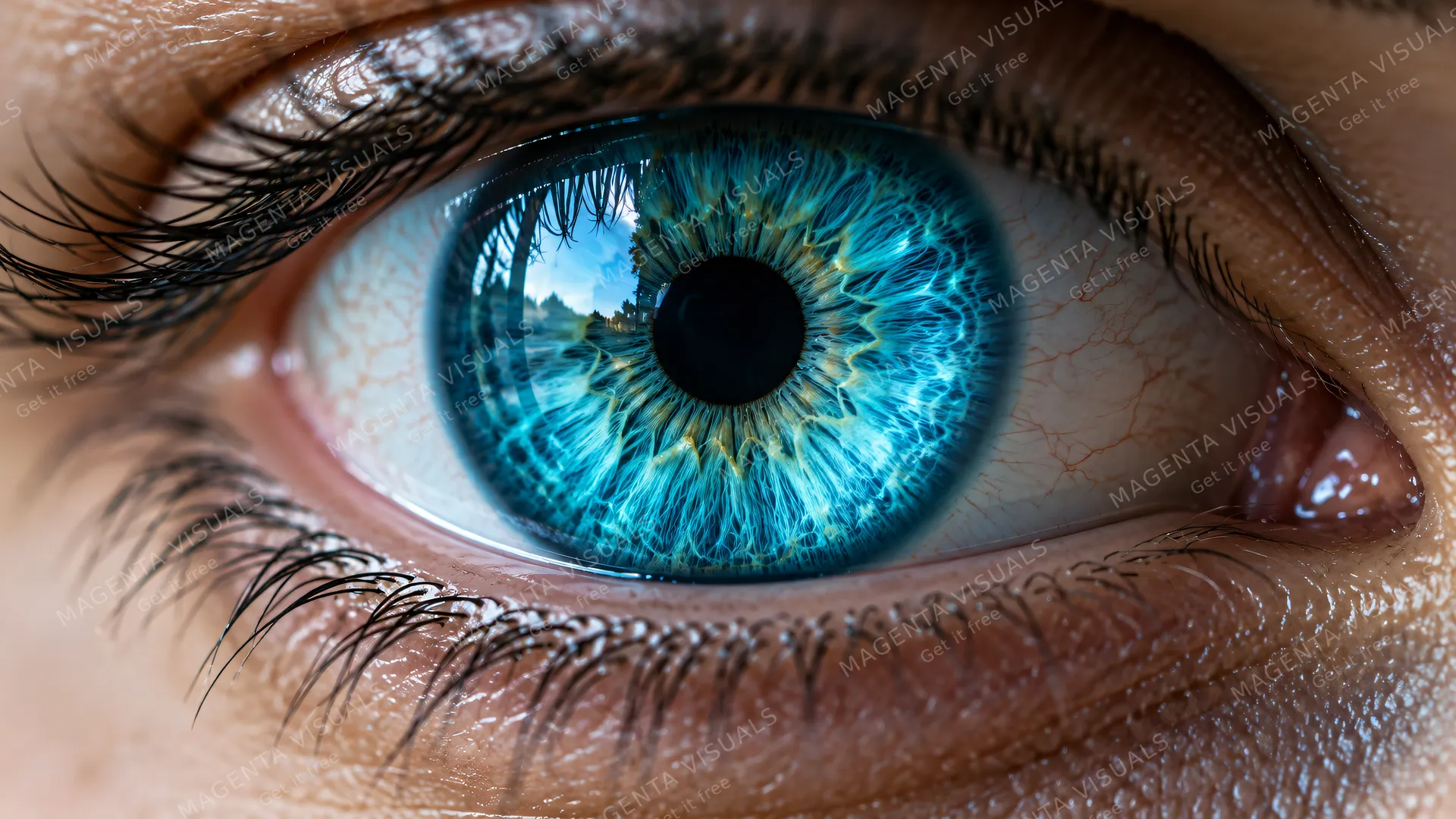 4K Extreme close-up macro photography of a , photorealistic human eye, featuring an electric turquoise-cyan iris with piercing crystalline clarity and sharp radial striae.