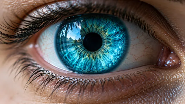 4K Extreme close-up macro photography of a , photorealistic human eye, featuring an electric turquoise-cyan iris with piercing crystalline clarity and sharp radial striae.
