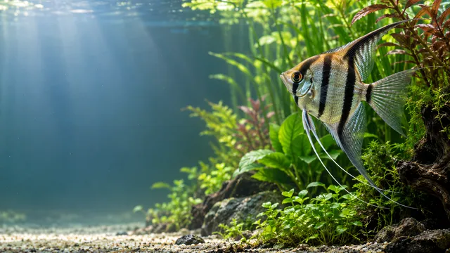 4K 16:9 widescreen desktop wallpaper, empty left space for desktop icons, a quiet still moment of home aquarium pet love featuring a living fish companion wonder-animal.